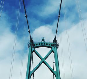 Low angle view of suspension bridge against cloudy sky