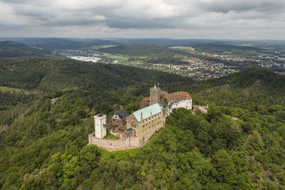 High angle view of buildings against sky