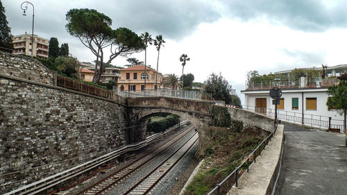 Railroad tracks amidst buildings in city against sky