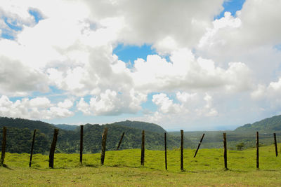 Panoramic view of wooden post on field against sky