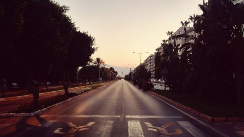 Empty road along trees at sunset