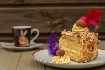 Close-up of cake served on table