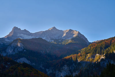 Scenic view of mountains against clear blue sky