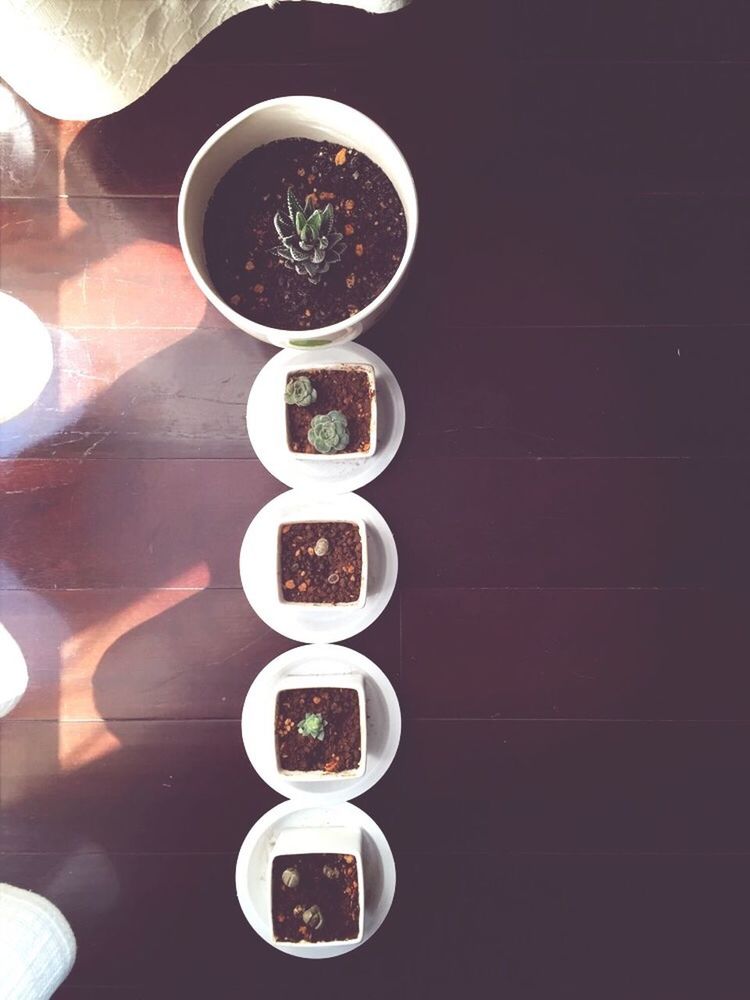 indoors, table, still life, high angle view, communication, close-up, no people, text, food and drink, western script, circle, day, empty, directly above, wood - material, number, coffee cup, technology, wall - building feature, bowl