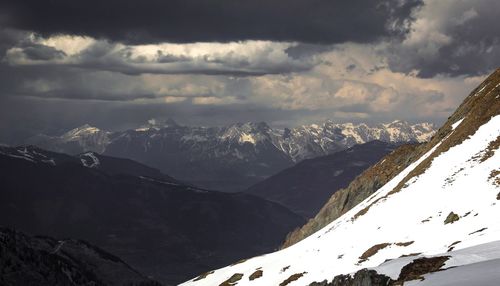 Aerial view of snowcapped mountains against sky