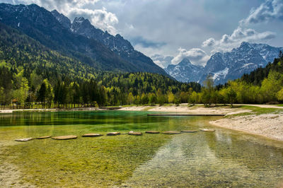 Scenic view of lake and mountains against sky