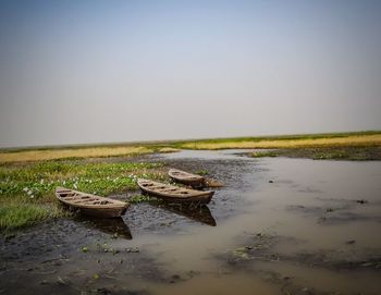 Boat moored on shore against clear sky