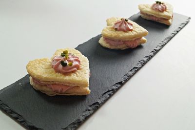 High angle view of cake in plate on table