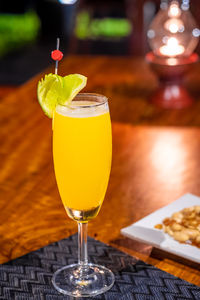 Close-up of drink served on table