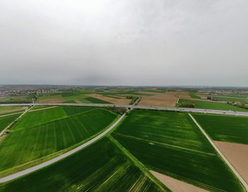 High angle view of agricultural field against sky