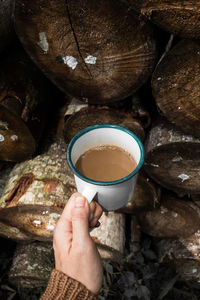 Close-up of hand holding coffee cup