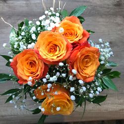 High angle view of rose bouquet on table