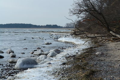 Scenic view of sea against clear sky during winter