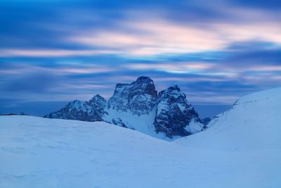 Snow covered landscape against sky during sunset
