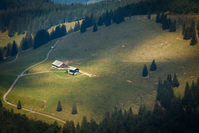 High angle view of vehicles on landscape