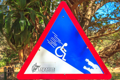 Close-up of road sign against trees