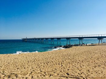 Scenic view of beach against clear blue sky