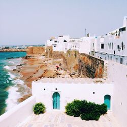High angle view of bell tower against blue sky