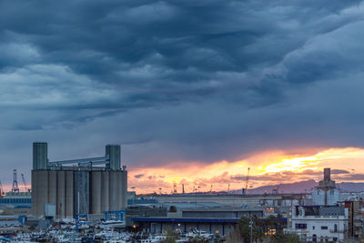 Buildings in city during sunset