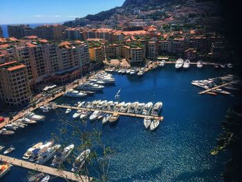 High angle view of harbor by buildings in city