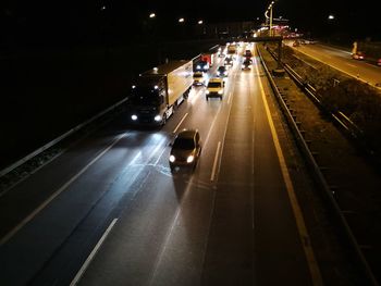 High angle view of traffic on road at night