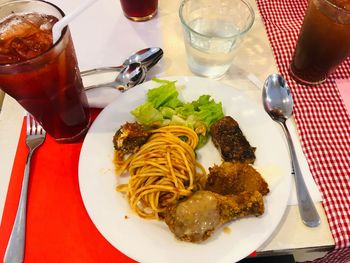 High angle view of meal served on table