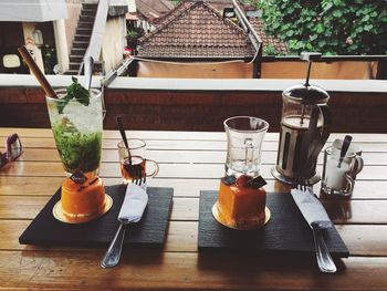 Close-up of food and drink on table