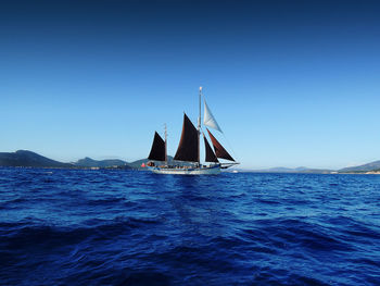 Sailboat sailing on sea against clear blue sky