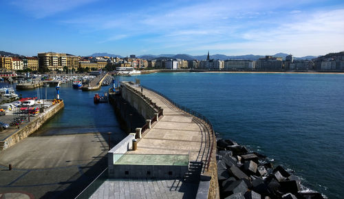 High angle view of boats in city