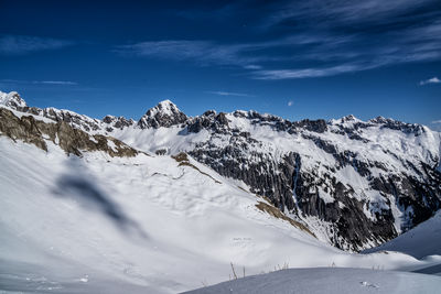 Scenic view of snowcapped mountains against sky