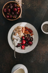 High angle view of breakfast on table