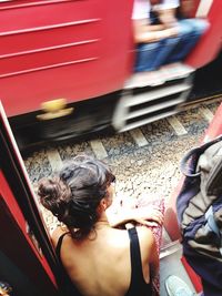 High angle view of people at train