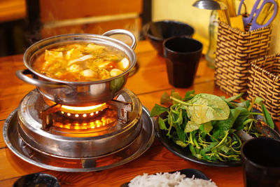 High angle view of food served on table