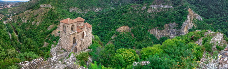 Bulgarian rhodope mountain view from the side of the asens fortress on a cloudy summer day