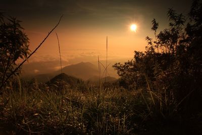 Scenic view of sunset over mountains