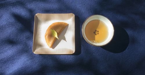 High angle view of food and drink on table