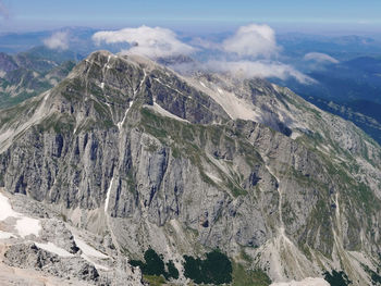 High angle view of snowcapped mountains against sky