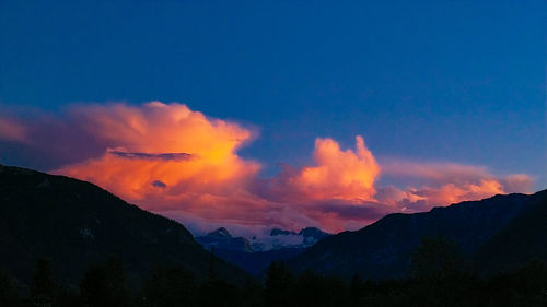 Scenic view of silhouette mountains against sky at sunset