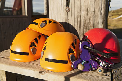 Close up of climbing gear at high rope obstacle course