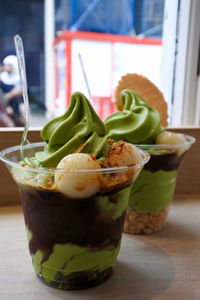 Close-up of matcha ice cream on table