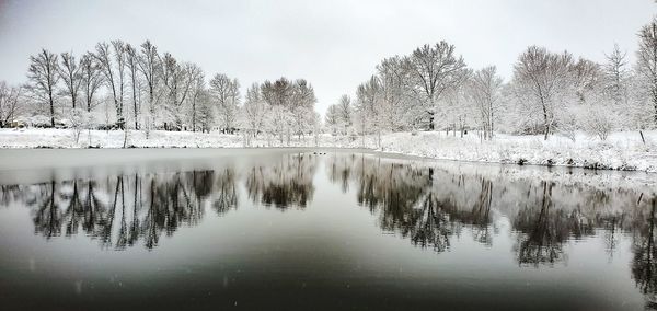 Scenic view of lake against sky during winter