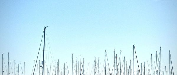 Low angle view of sailboat against clear blue sky