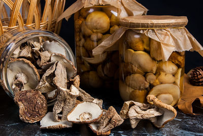 Close-up of mushrooms in basket for sale