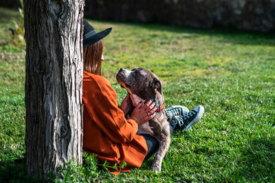 Dog sitting on field