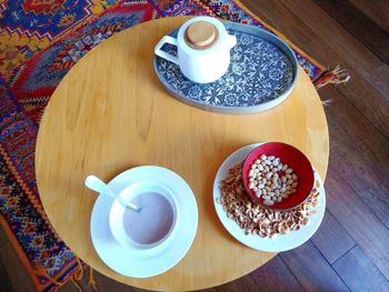 High angle view of food served on table