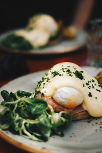 Close-up of breakfast served on table