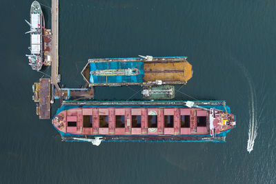 High angle view of ship moored in sea