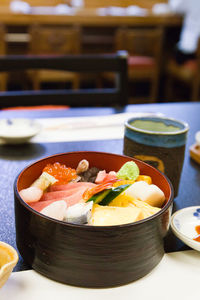 High angle view of fresh meal served in plate on table