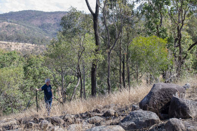 Man standing by tree in forest