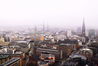 High angle view of modern buildings in city